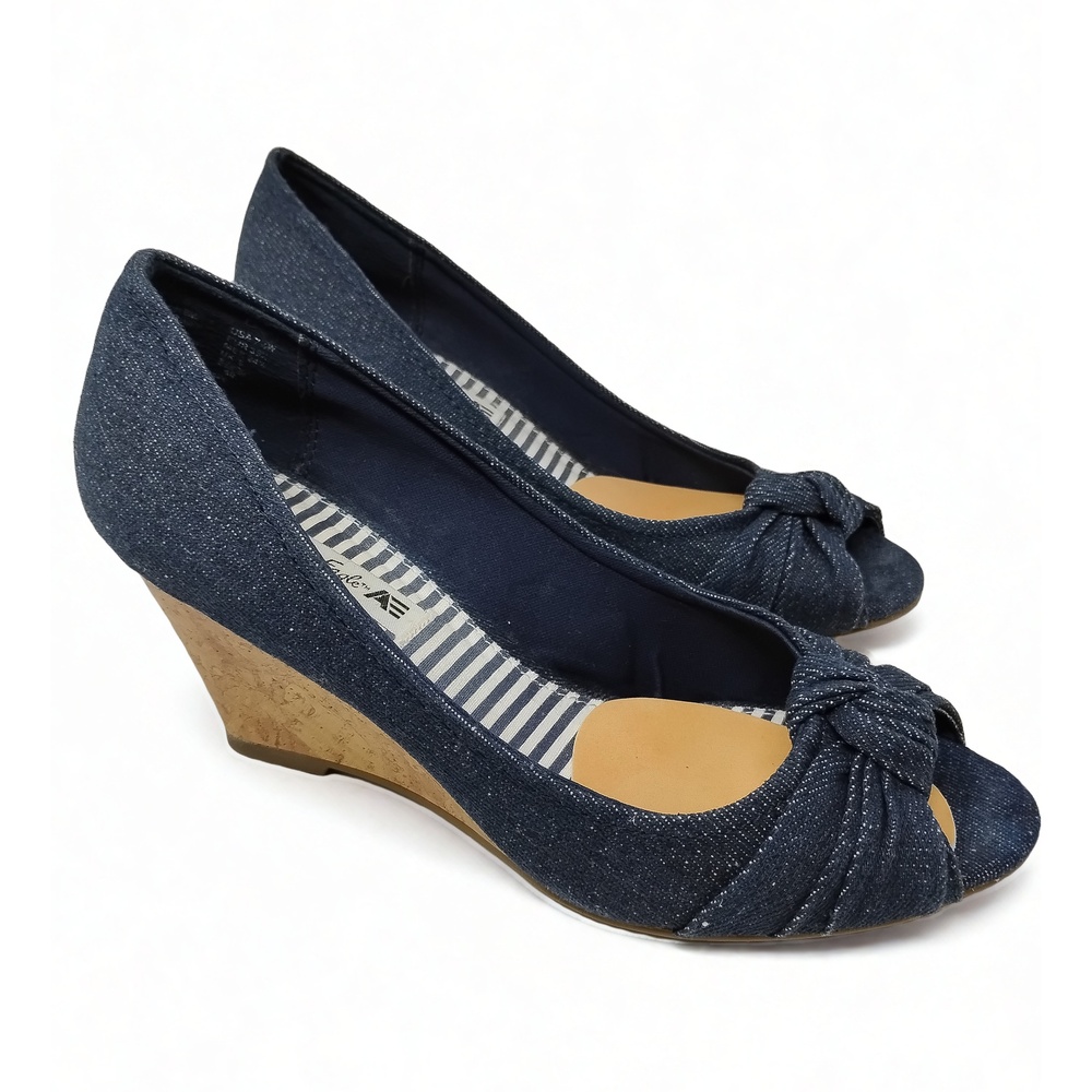 American Eagle Boho Retro Denim Peep Toe Wedge Shoes Womens 7.5 Wide Bow